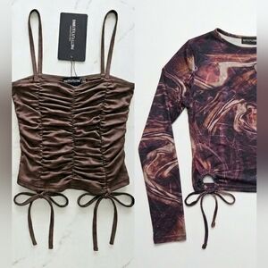 PrettyLittleThing 2-Piece Set: Ruched Cami & Mesh Long Sleeve Top -NWT